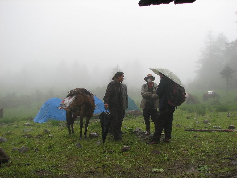 Sichuan, Zhongdian Xian, Haba Xueshan.  Preparing to break camp.  Porters with horses